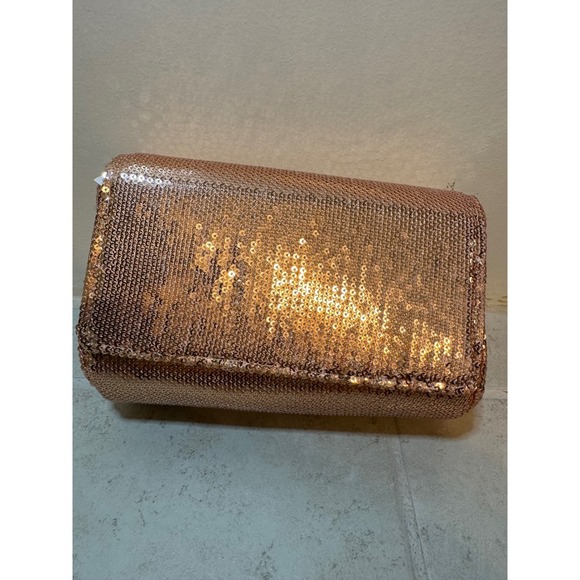 New J. Crew Rose Gold Sequin Party Clutch Crossbody Bag Chain Strap Small - Picture 5 of 6